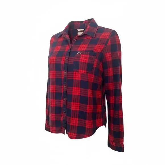 Hollister Womens Red Navy Plaid Flannel Shirt Button Up Long Sleeve Casual M - Picture 3 of 6